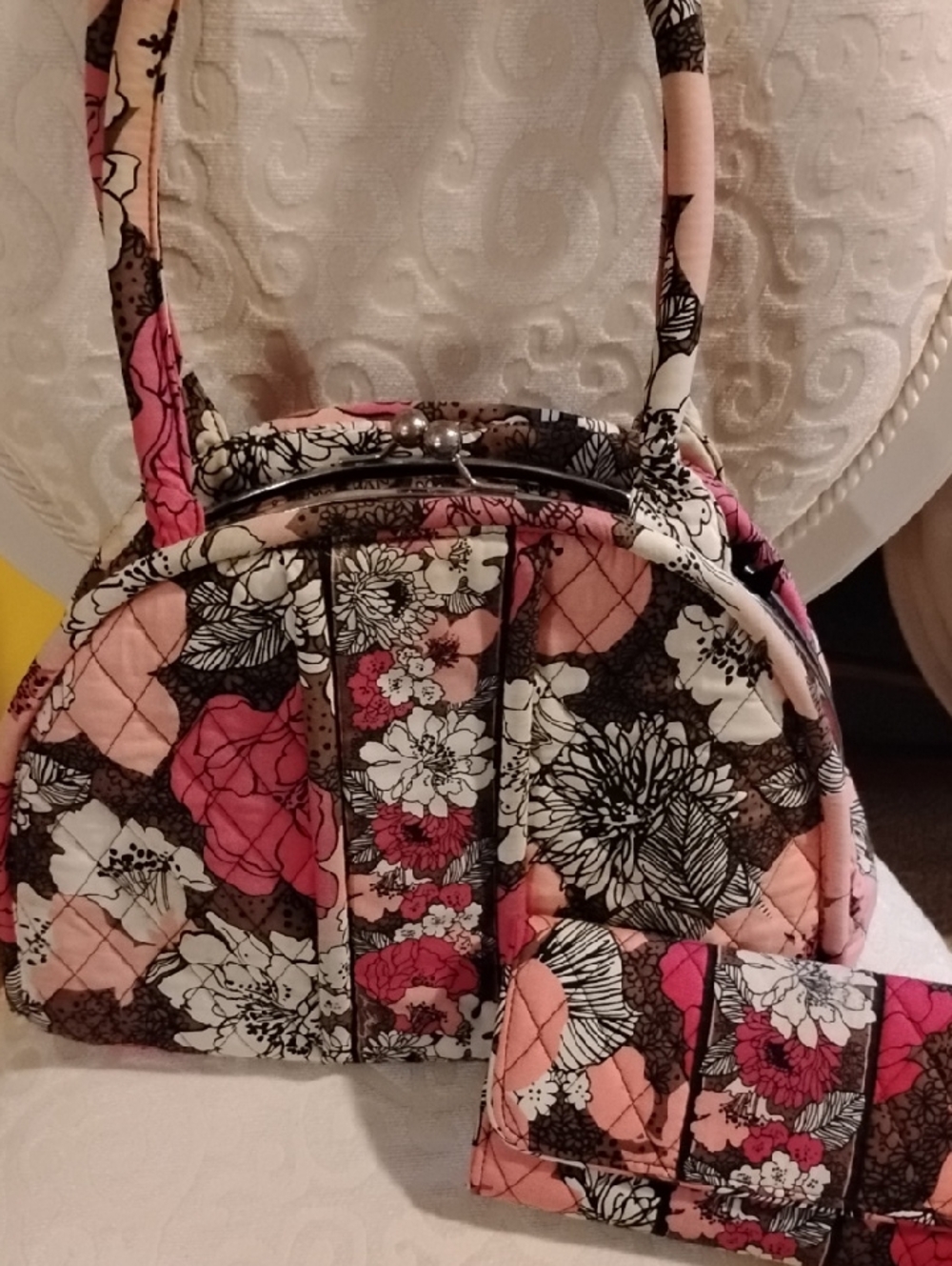 Vera Bradley Pink Floral Quilted Shoulder Bag with Matching Wallet